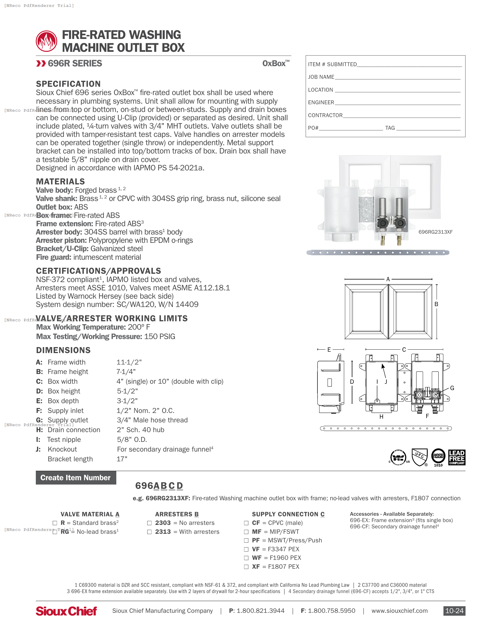 696R SERIES - FIRE-RATED OXBOX WASHING MACHINE OUTLET BOX - SPEC SHEET.PDF Specification Document